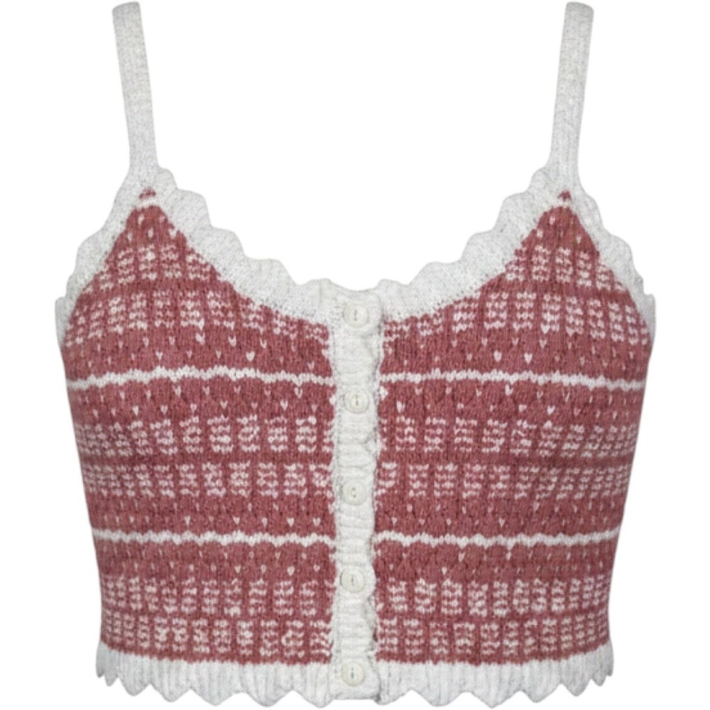 Altar'd State Knit Crop Tank‎ Top Medium Pink White Button Front Cottagecore